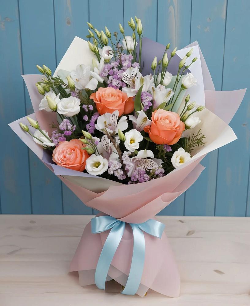 Букет цветов из: Лизиантусы, Розы, Альстромерии и Гипсофила в Слободском